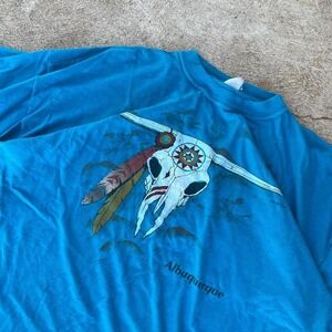 Blue and white faded longhorns skull native american tee shirt 1980s